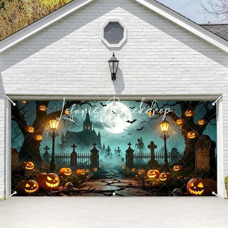 Lofaris Spooky Halloween Graveyard Garage Door Banner with Full Moon Bats Jack-o’-Lanterns and Skeletons Haunted Night Decor