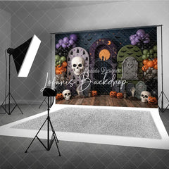 Lofaris Spooky Halloween Graveyard Photography Backdrop with Skulls Pumpkins Bats and Purple Balloon Garland for Party Decor