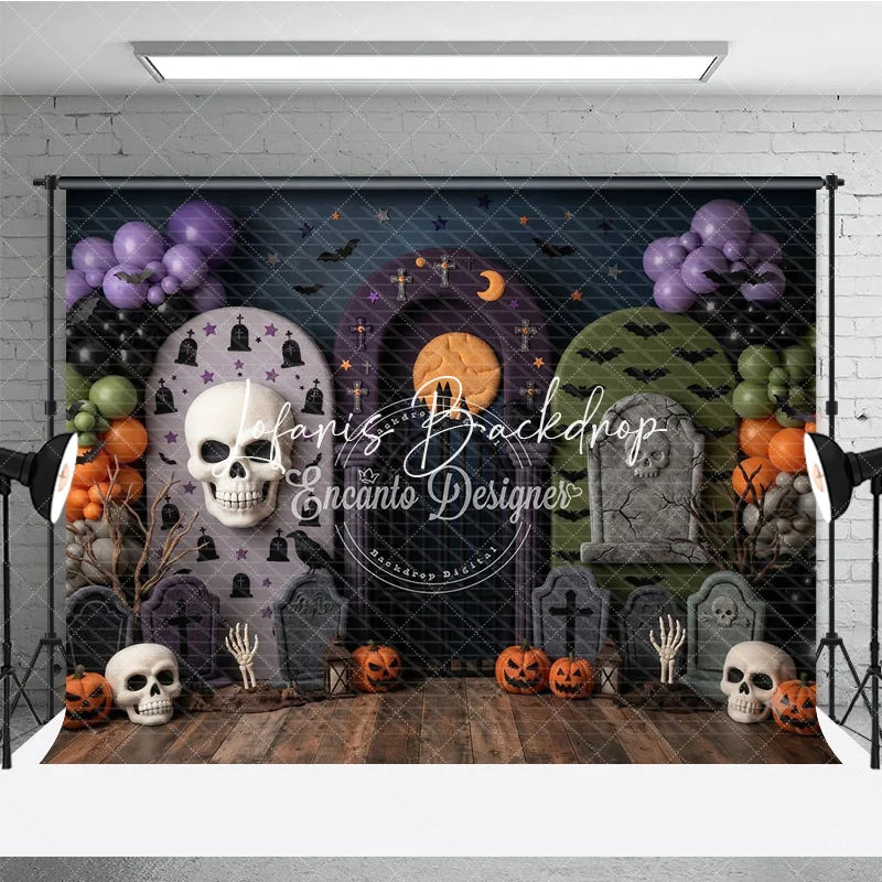 Lofaris Spooky Halloween Graveyard Photography Backdrop with Skulls Pumpkins Bats and Purple Balloon Garland for Party Decor