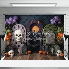Lofaris Spooky Halloween Graveyard Photography Backdrop with Skulls Pumpkins Bats and Purple Balloon Garland for Party Decor