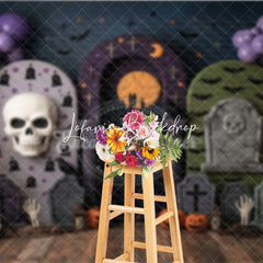 Lofaris Spooky Halloween Graveyard Photography Backdrop with Skulls Pumpkins Bats and Purple Balloon Garland for Party Decor