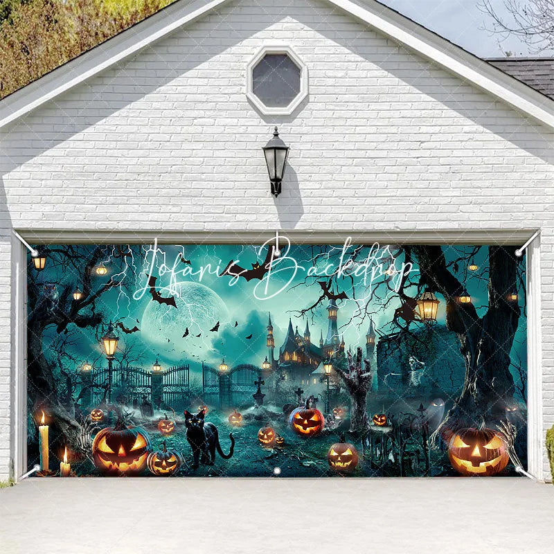 Lofaris Spooky Halloween Haunted Castle Garage Door Banner with Full Moon Lightning Bats and Jack-o’-Lanterns Party Decor
