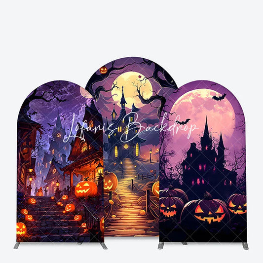 Lofaris Spooky Halloween Haunted House and Full Moon Arch Backdrop Kit Purple Orange Night Party Decor