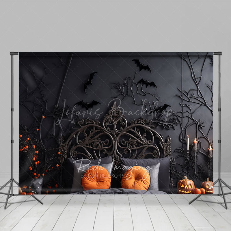 Lofaris Spooky Halloween Headboard Photography Backdrop Gothic Bed with Black Branches and Bats Moody Bedroom Photo Prop