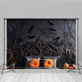 Lofaris Spooky Halloween Headboard Photography Backdrop Gothic Bed with Black Branches and Bats Moody Bedroom Photo Prop