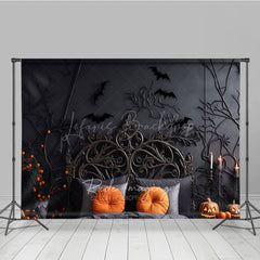 Lofaris Spooky Halloween Headboard Photography Backdrop Gothic Bed with Black Branches and Bats Moody Bedroom Photo Prop