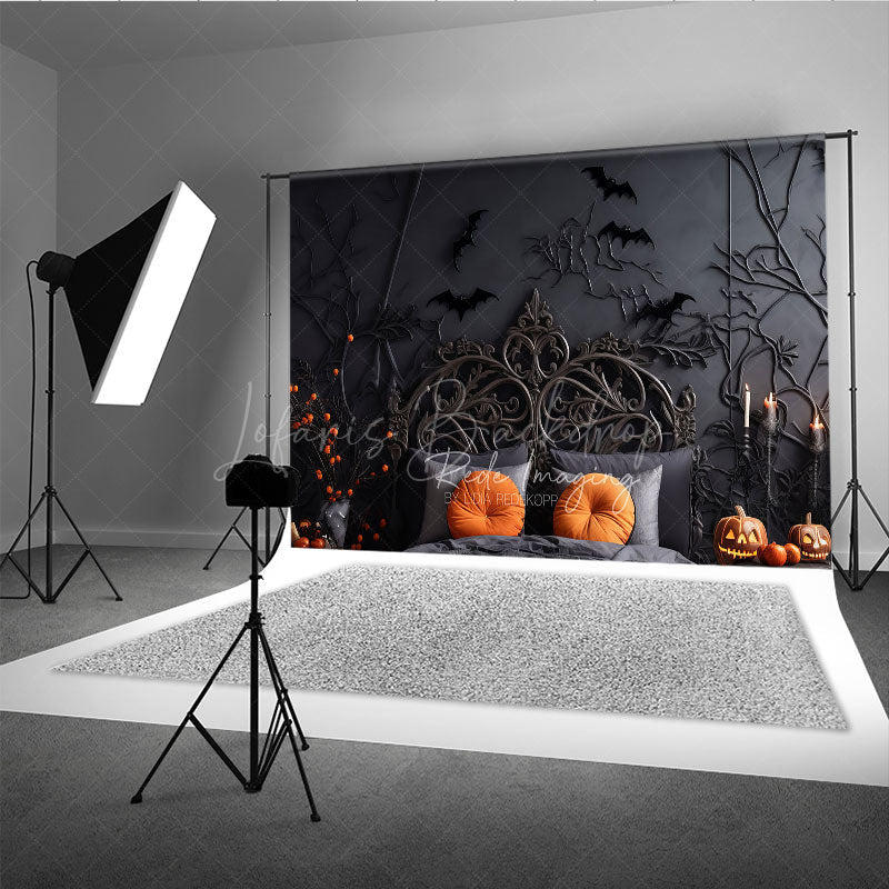 Lofaris Spooky Halloween Headboard Photography Backdrop Gothic Bed with Black Branches and Bats Moody Bedroom Photo Prop