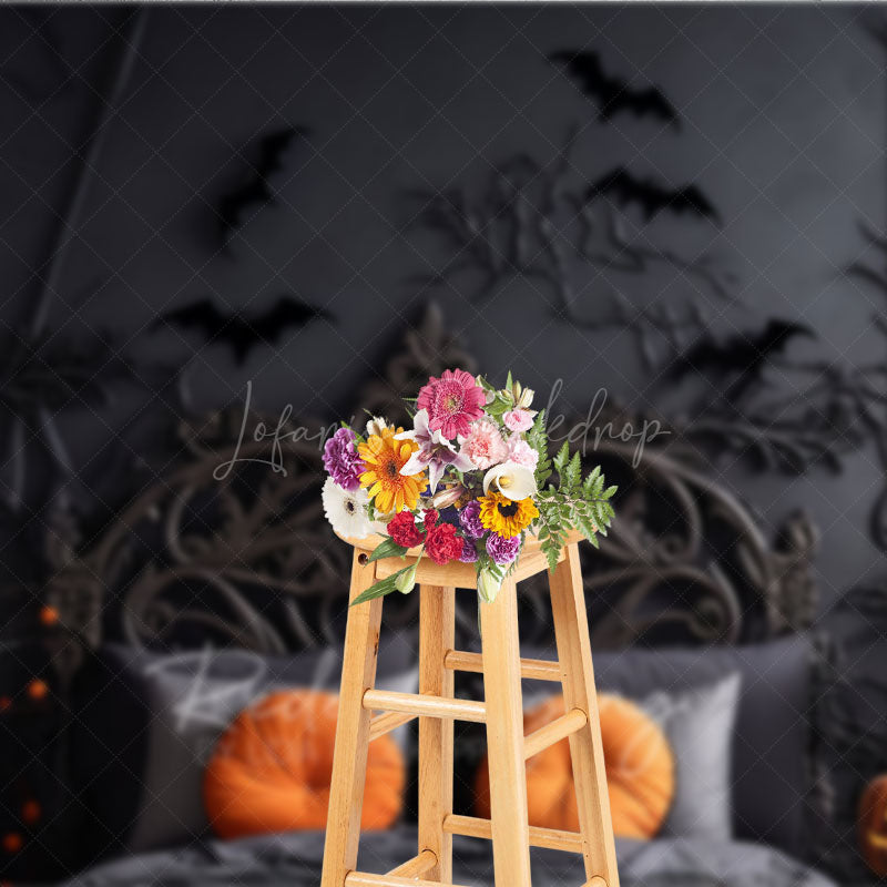 Lofaris Spooky Halloween Headboard Photography Backdrop Gothic Bed with Black Branches and Bats Moody Bedroom Photo Prop