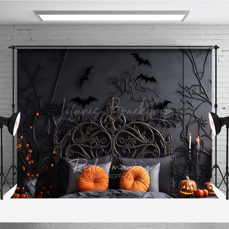 Lofaris Spooky Halloween Headboard Photography Backdrop Gothic Bed with Black Branches and Bats Moody Bedroom Photo Prop