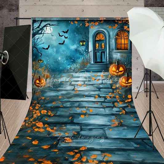 Lofaris Spooky Halloween House Entrance with Jack-o’-Lanterns and Bats Sweep Backdrop Moonlit Autumn Night Party Decor