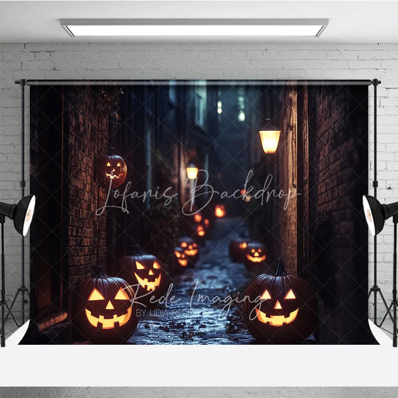 Lofaris Spooky Halloween Jack-o-Lantern Alley Night Holiday Backdrop Dark Brick Wall Street Scene with Glowing Pumpkins