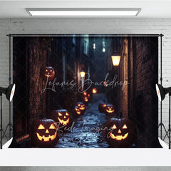 Lofaris Spooky Halloween Jack-o-Lantern Alley Night Holiday Backdrop Dark Brick Wall Street Scene with Glowing Pumpkins