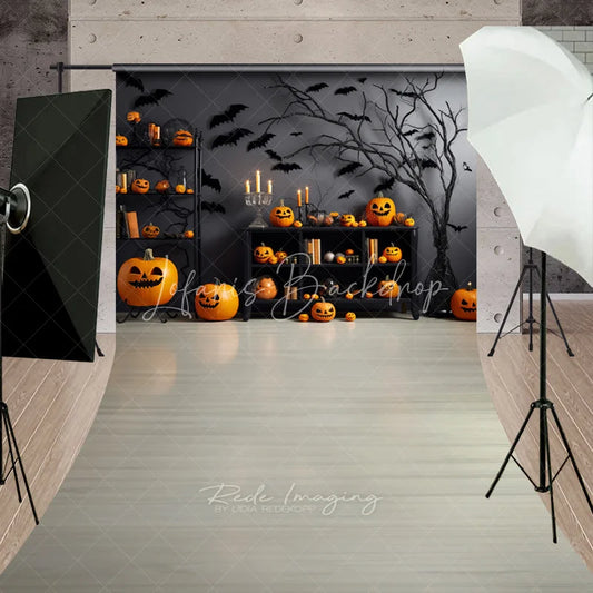 Lofaris Spooky Halloween Jack-o’-lanterns and Bats Sweep Backdrop Dark Wall with Bare Tree Candles Festive Party Decor
