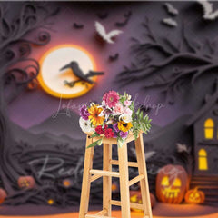 Lofaris Spooky Halloween Night Photography Backdrop Haunted House Silhouette with Full Moon Jack O’ Lanterns and Bats
