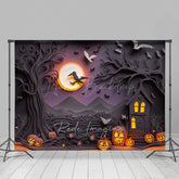 Lofaris Spooky Halloween Night Photography Backdrop Haunted House Silhouette with Full Moon Jack O’ Lanterns and Bats