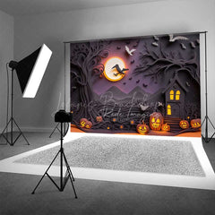 Lofaris Spooky Halloween Night Photography Backdrop Haunted House Silhouette with Full Moon Jack O’ Lanterns and Bats