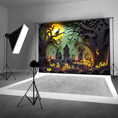 Lofaris Spooky Halloween Night Photography Backdrop Paper Cutout Forest Silhouette with Full Moon and Jack O’ Lanterns