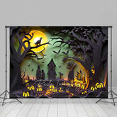 Lofaris Spooky Halloween Night Photography Backdrop Paper Cutout Forest Silhouette with Full Moon and Jack O’ Lanterns