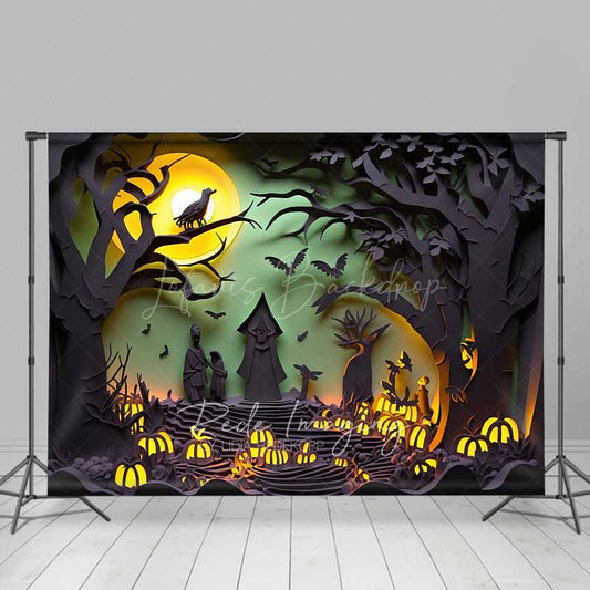 Lofaris Spooky Halloween Night Photography Backdrop Paper Cutout Forest Silhouette with Full Moon and Jack O’ Lanterns