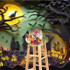 Lofaris Spooky Halloween Night Photography Backdrop Paper Cutout Forest Silhouette with Full Moon and Jack O’ Lanterns