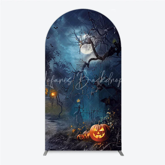 Lofaris Spooky Halloween Night Round Top Arch Backdrop Featuring Jack-o’-lanterns Bare Trees and Flying Bats