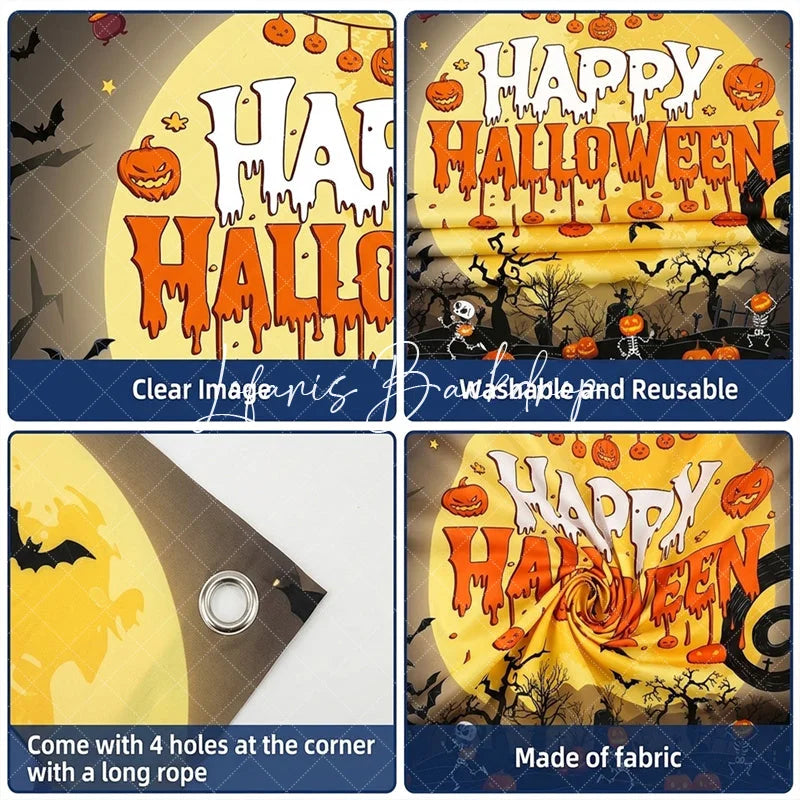 Lofaris Spooky Halloween Party Backdrop Full Moon Pumpkins Skeletons Bats Haunted House Decor for Celebration