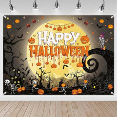 Lofaris Spooky Halloween Party Backdrop Full Moon Pumpkins Skeletons Bats Haunted House Decor for Celebration
