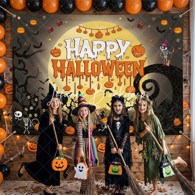 Lofaris Spooky Halloween Party Backdrop Full Moon Pumpkins Skeletons Bats Haunted House Decor for Celebration