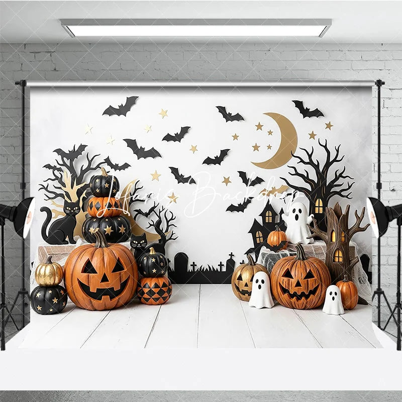 Lofaris Spooky Halloween Photography Backdrop featuring Jack-o-Lanterns Black Cats and Ghosts Festive Party Decor