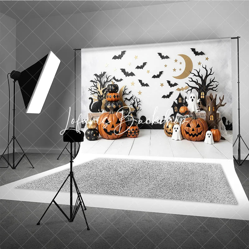 Lofaris Spooky Halloween Photography Backdrop featuring Jack-o-Lanterns Black Cats and Ghosts Festive Party Decor
