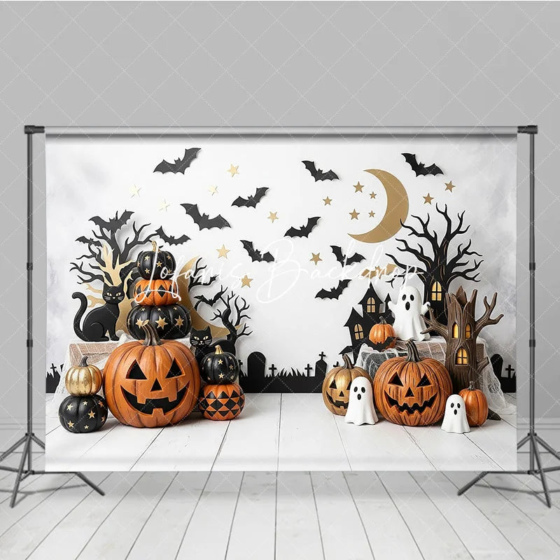 Lofaris Spooky Halloween Photography Backdrop featuring Jack-o-Lanterns Black Cats and Ghosts Festive Party Decor