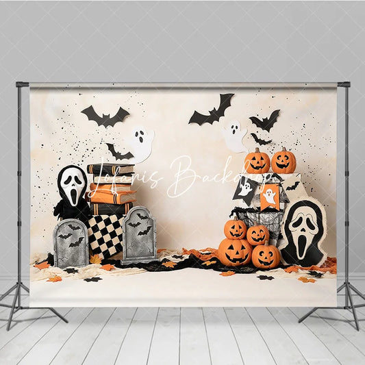 Lofaris Spooky Halloween Photography Backdrop with Jack-o-Lanterns Ghosts and Bats Eerie Gravestone Decor