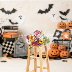 Lofaris Spooky Halloween Photography Backdrop with Jack-o-Lanterns Ghosts and Bats Eerie Gravestone Decor