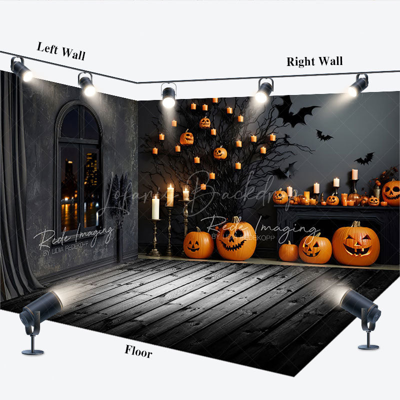 Lofaris Spooky Halloween Room Set Backdrop Haunted Fireplace with Jack O’ Lanterns Gothic Studio Photography Prop