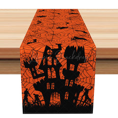 Lofaris Spooky Halloween Table Runner with Spider Bat and Castle Haunted House Vibe Gothic Black Orange Party Decor