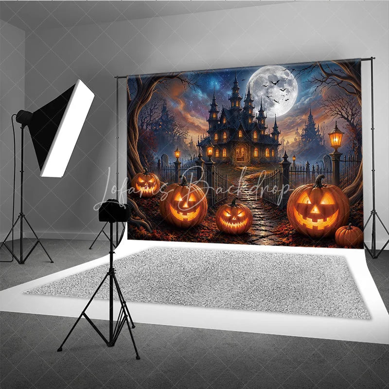 Lofaris Spooky Haunted Castle Holiday Backdrop with Full Moon and Flying Bats Glowing Jack-o’-Lanterns Autumn Leaves
