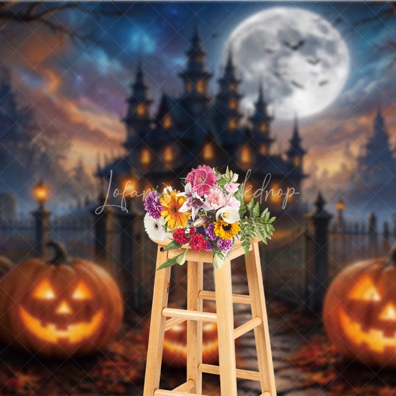 Lofaris Spooky Haunted Castle Holiday Backdrop with Full Moon and Flying Bats Glowing Jack-o’-Lanterns Autumn Leaves