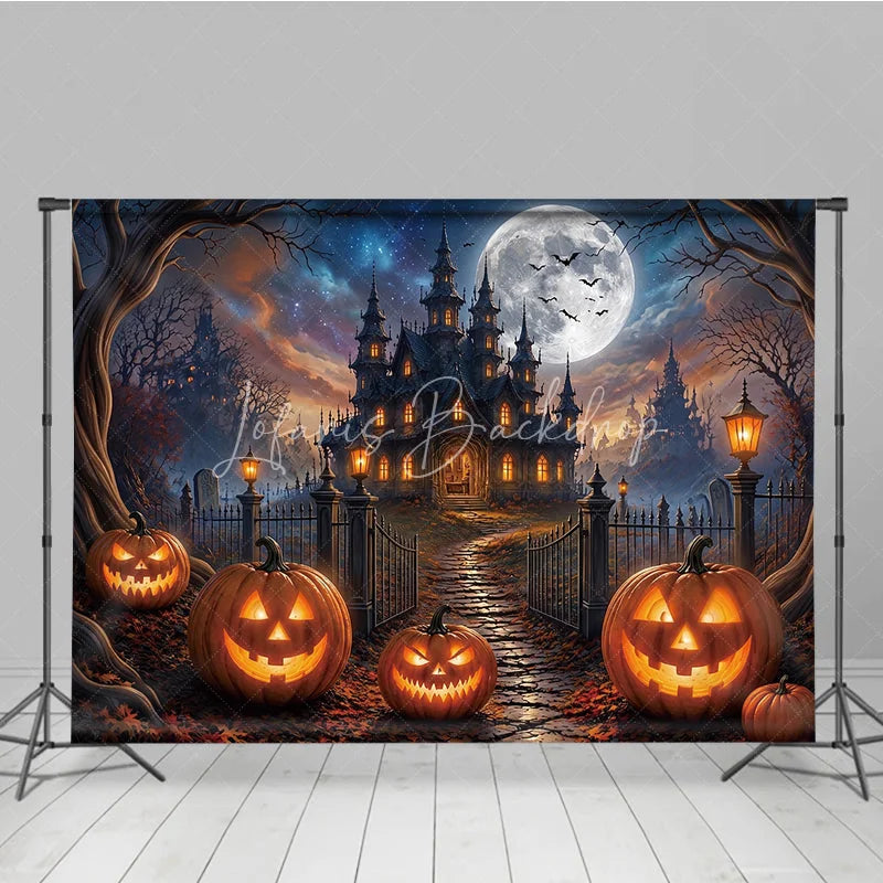 Lofaris Spooky Haunted Castle Holiday Backdrop with Full Moon and Flying Bats Glowing Jack-o’-Lanterns Autumn Leaves