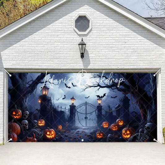 Lofaris Spooky Haunted Gate with Jack-o’-Lanterns and Flying Bats Halloween Garage Door Banner Eerie Full Moon Decor