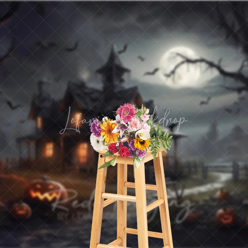 Lofaris Spooky Haunted House and Full Moon Halloween Holiday Backdrop with Flying Bats Jack-o’-Lanterns