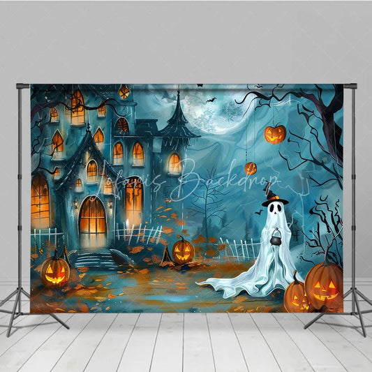 Lofaris Spooky Haunted House and Ghost Halloween Holiday Backdrop with Jack-O’-Lanterns Full Moon Night Scene