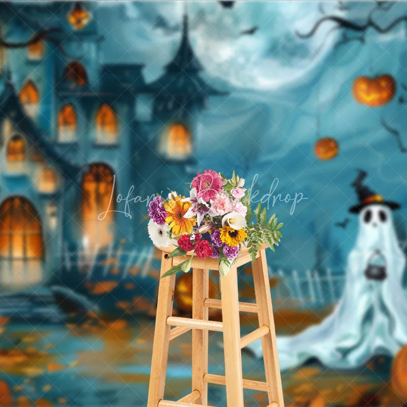 Lofaris Spooky Haunted House and Ghost Halloween Holiday Backdrop with Jack-O’-Lanterns Full Moon Night Scene