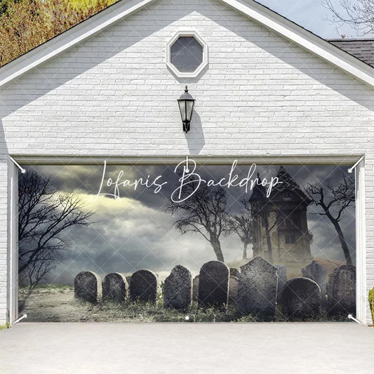 Lofaris Spooky Haunted House and Graveyard Garage Door Banner Eerie Halloween Decor with Bare Trees Stormy Sky