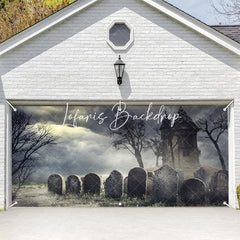 Lofaris Spooky Haunted House and Graveyard Garage Door Banner Eerie Halloween Decor with Bare Trees Stormy Sky