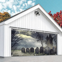 Lofaris Spooky Haunted House and Graveyard Garage Door Banner Eerie Halloween Decor with Bare Trees Stormy Sky