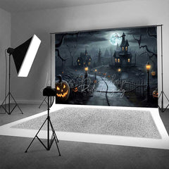 Lofaris Spooky Haunted House Photography Backdrop Creepy Village on a Full Moon Night Jack O’ Lanterns and Bats Decor