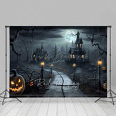 Lofaris Spooky Haunted House Photography Backdrop Creepy Village on a Full Moon Night Jack O’ Lanterns and Bats Decor