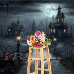 Lofaris Spooky Haunted House Photography Backdrop Creepy Village on a Full Moon Night Jack O’ Lanterns and Bats Decor