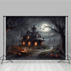 Lofaris Spooky Haunted House Photography Backdrop Full Moon and Bats on a Dark Night Halloween Photo Background