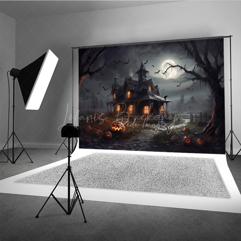 Lofaris Spooky Haunted House Photography Backdrop Full Moon and Bats on a Dark Night Halloween Photo Background